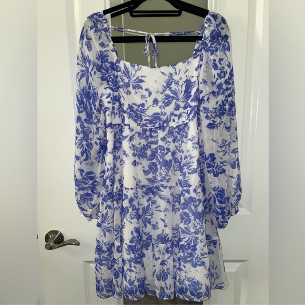 Mini, Blue and White Floral Flowy Dress